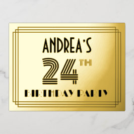 24. Geburtstagsparty ~ Art-Deco-Stil "24" + Name Folie Einladungspostkarte
