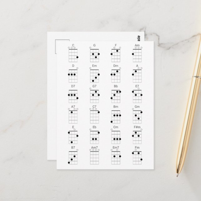 24 Gemeinsame Ukulele-Akkorde-Übersicht - Uke Chea Postkarte (Vorderseite/Rückseite Beispiel)