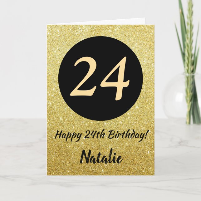 24. Happy Birthday Black and Gold Glitzer Card Karte (Vorderseite)
