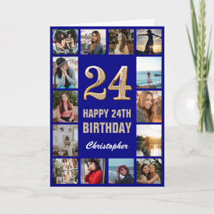 24. Happy Birthday Navy Blue & Gold Foto Collage Karte