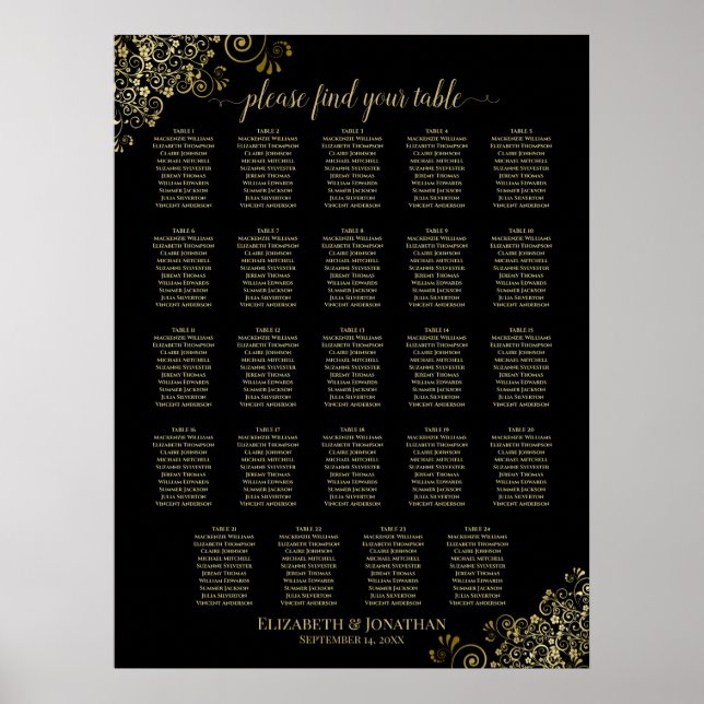 24 Tabelle Gold & Black Chic Hochzeitskarte Poster (Vorne)