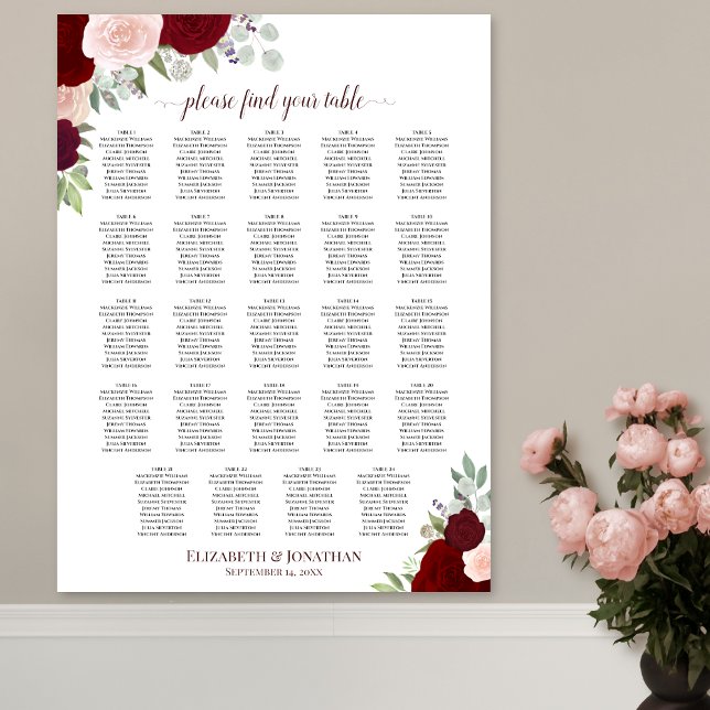 24 Tabelle Rot und Rosa Blumenkarte Poster (In Situ on Wall with Flowers)