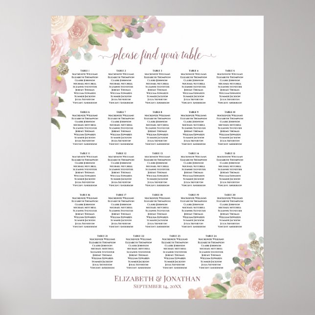 24 Tabelle Rustikal rosa Blumenübersicht Poster (Vorne)