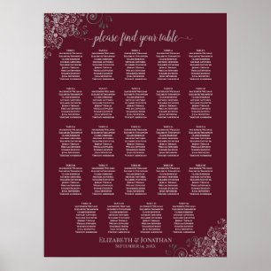 24 Tabelle Silver & Burgund Hochzeitskarte Poster