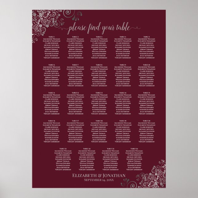 24 Tabelle Silver & Burgund Hochzeitskarte Poster (Vorne)