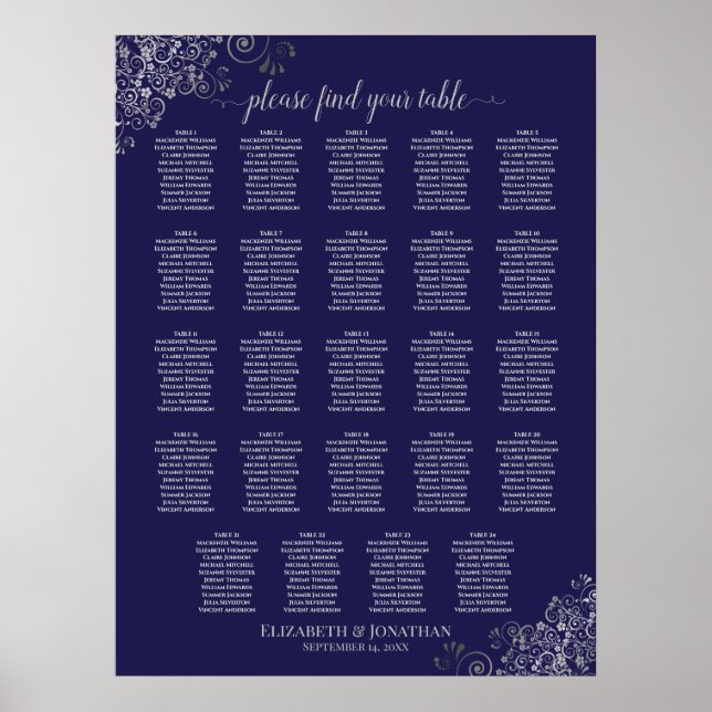 24 Tabelle Silver & Navy Blue Wedding Seating Char Poster (Vorne)