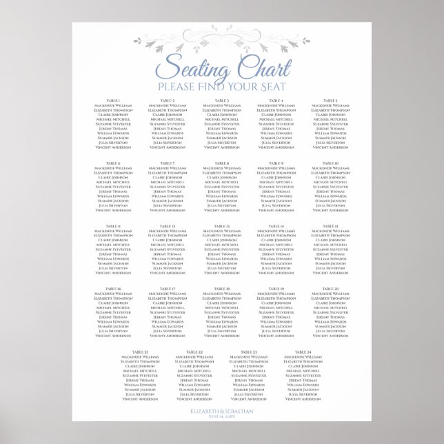 24 Table Blue & Gray Wedding Seating Chart Poster (Vorne)