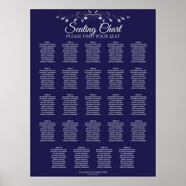 24 Table Elegant Navy Blue Wedding Seating Chart Poster (Vorne)