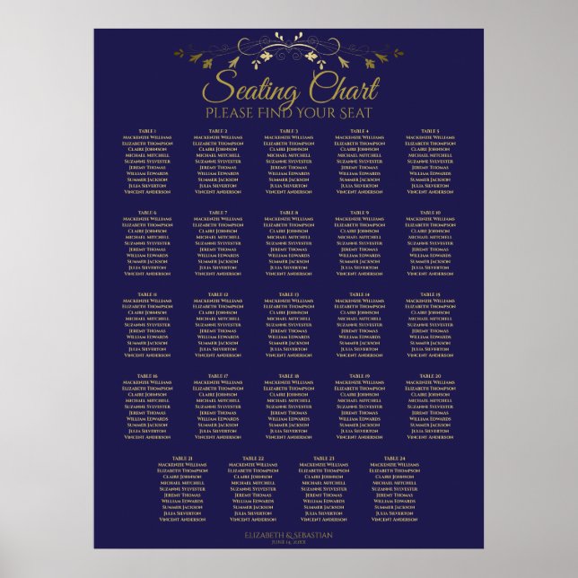 24 Tableau Chic Gold & Navy Mariage Seating Chart (Devant)