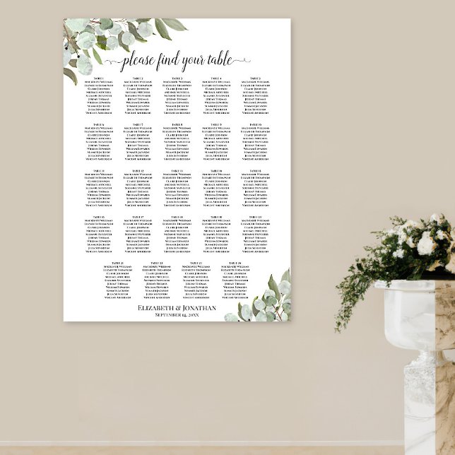 24 Tableau Eucalyptus Foliage Mariage Sièges (On Wall in situ)