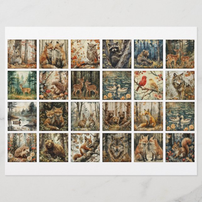 24 Waldtier-Quadrate für Junk Journaling usw. (Vorderseite)