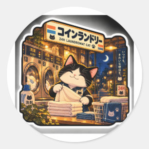 24H-Waschsalon-Katzenaufkleber Japanische Nachtw Runder Aufkleber