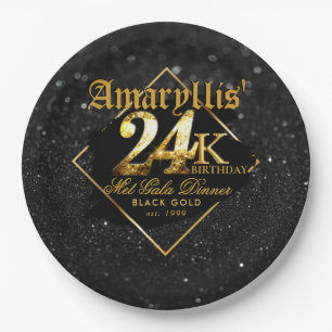 24K Black Glitzer & Gold Elegant Geburtstag Pappteller