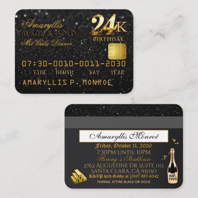 24K Black|Gold Carte de crédit Anniversaire Invita (Devant / Derrière)