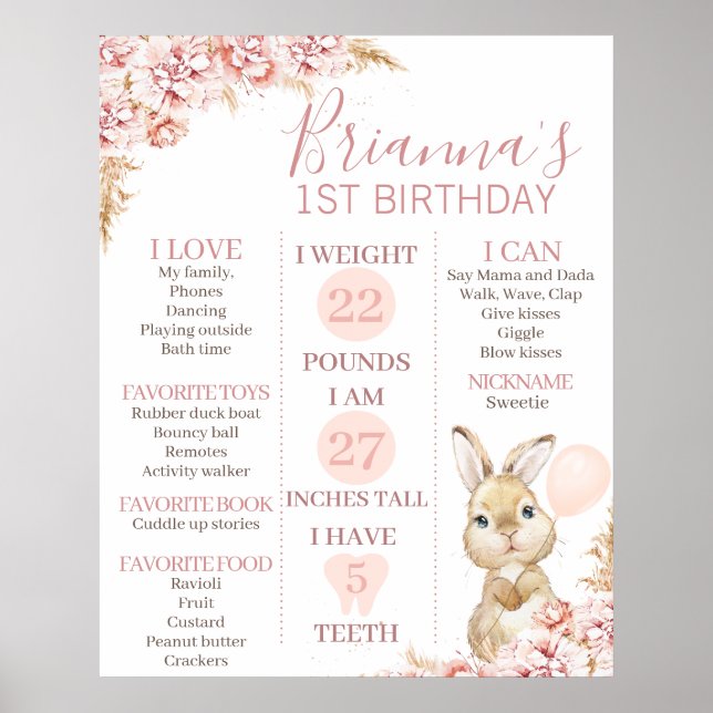 24x30 Boho Blumenbunny 1. Geburtstag Meilenstein Poster (Vorne)