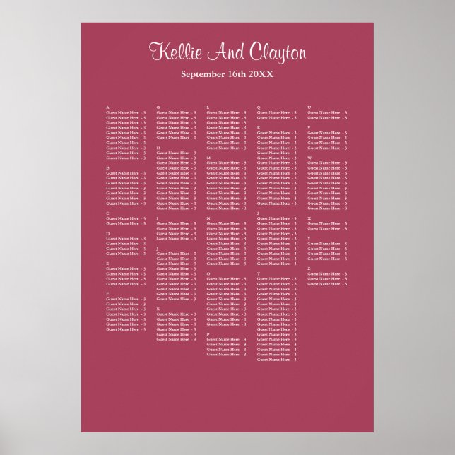 250+ Burgundy Simple Wedding Seating Chart Poster (Vorne)
