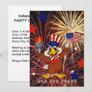 250 Jahre Cartoon-Adler USA-Flagge & Feuerwerk Einladung