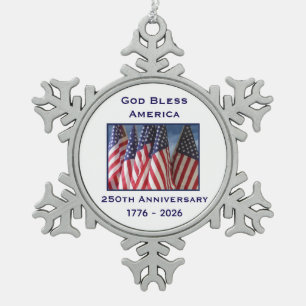 250. Jubiläum USA Patriotisches Gott segne Amerika Schneeflocken Zinn-Ornament