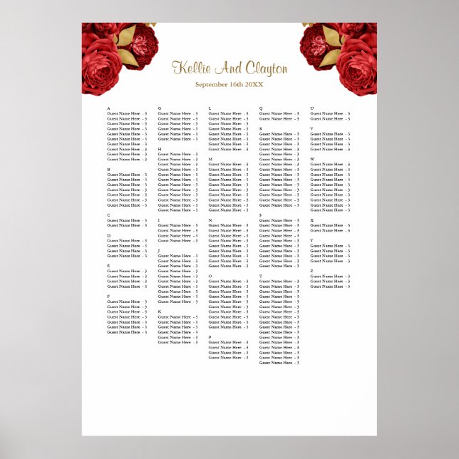 250+ Red And Gold Floral Wedding Seating Chart Poster (Vorne)