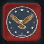 250th Anniversary Patriotic Eagle Paper Plates Pappteller<br><div class="desc">Celebrate 250 years of American liberty with this elegant "Purely Patriotic" commemorative paper plate. Featuring a majestic golden bald eagle encircled by 13 vintage stars and a nautical rope border, this design honors the journey from 1776 to 2026. Perfect for Semiquincentennial galas, July 4th celebrations, or veteran honor ceremonies. Customize...</div>