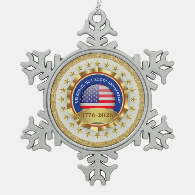 250th Anniversary USA Patriotic | 1776–2026 Schneeflocken Zinn-Ornament (Vorderseite)