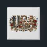 250th Anniversary USA Semiquincentennial Button<br><div class="desc">Celebrate this extra special milestone Independence day with an anniversary button! This button features USA in bold red letters with a stars and stripes patterned with additional lettering that says "250 years of freedom" on the back. Perfect for celebrating the 250th anniversary of America.</div>