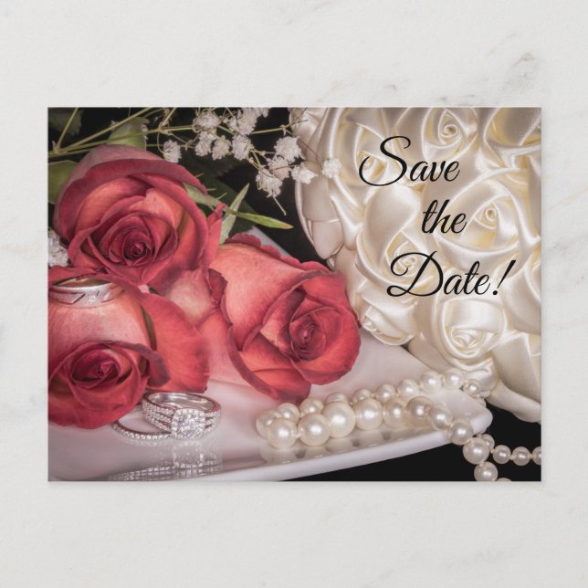 2586-weiß & Rote Rosen, Ringe, Bouquet, Perlen Postkarte (Vorderseite)