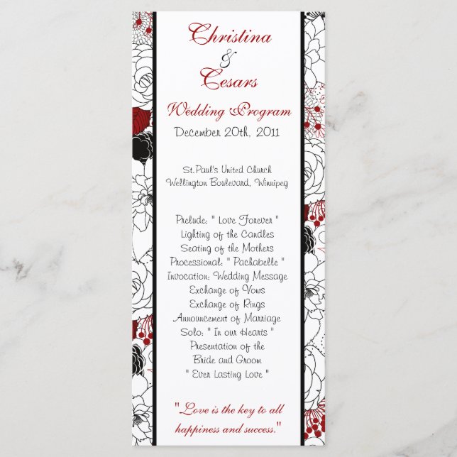 25 4 x 9 Hochzeitsprogramm Schwarze Blume Rote Blä Programm (Vorderseite)
