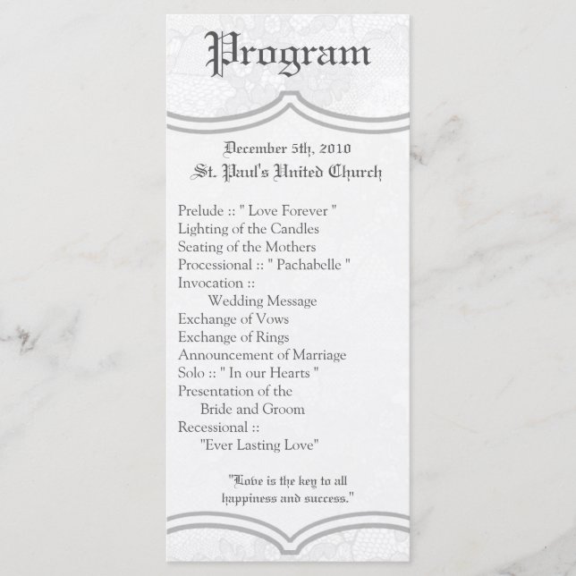 25 4x9 Hochzeitskalender Land White Lace Print Programm (Vorderseite)