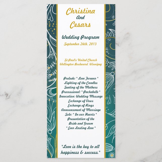 25 4x9 Hochzeitsprogramm Aquamarin/Gelb Senf Blüte Programm (Vorderseite)