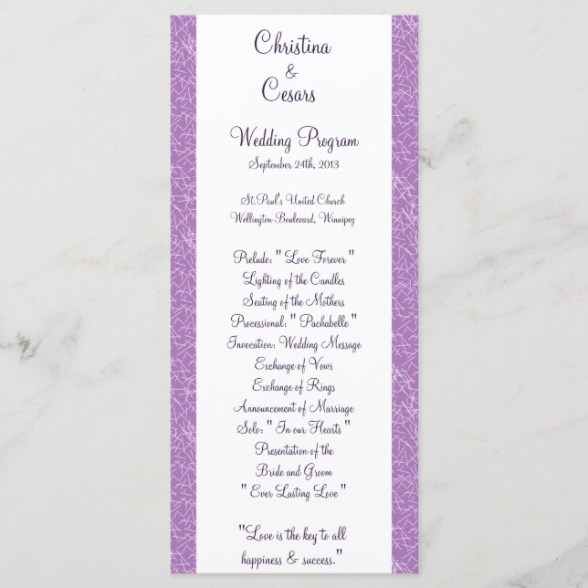 25 4x9 Hochzeitsprogramm Bird Swing Lila BG Herzen Programm (Vorderseite)