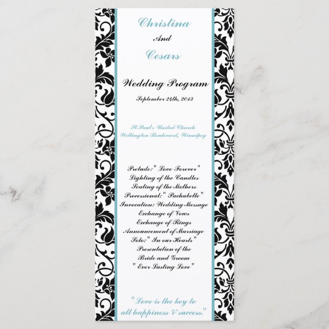 25 4x9 Hochzeitsprogramm Black Damask Baby Blue Programm (Vorderseite)