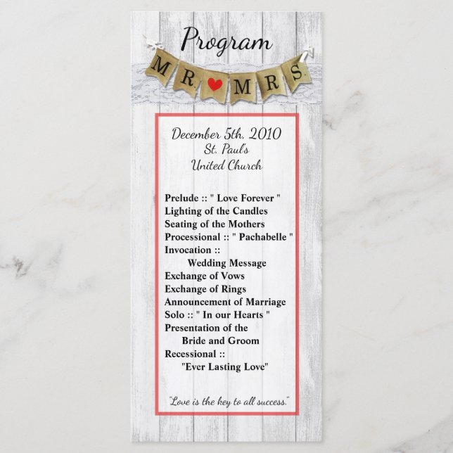 25 4x9 Hochzeitsprogramm Burlap Mr. und Mrs Banner Programm (Vorderseite)