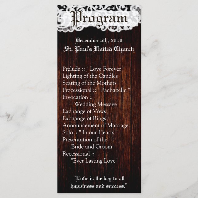 25 4x9 Hochzeitsprogramm Country Dark Barn Wood La Programm (Vorderseite)