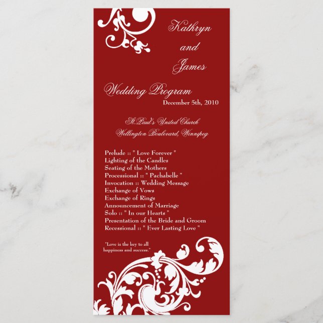 25 4x9 Hochzeitsprogramm Crimson Red Floral Filigr Programm (Vorderseite)