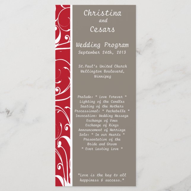 25 4x9 Hochzeitsprogramm Crimson Red Gray Bg White Programm (Vorderseite)