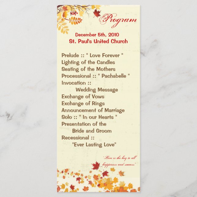 25 4x9 Hochzeitsprogramm Fall Breeze Herbstgänge Programm (Vorderseite)