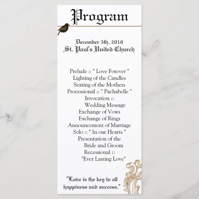 25 4x9 Hochzeitsprogramm Formal Love Birds Taube Programm (Vorderseite)