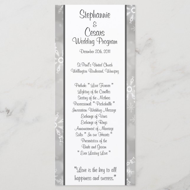 25 4x9 Hochzeitsprogramm Grau-Schneeflocken Programm (Vorderseite)