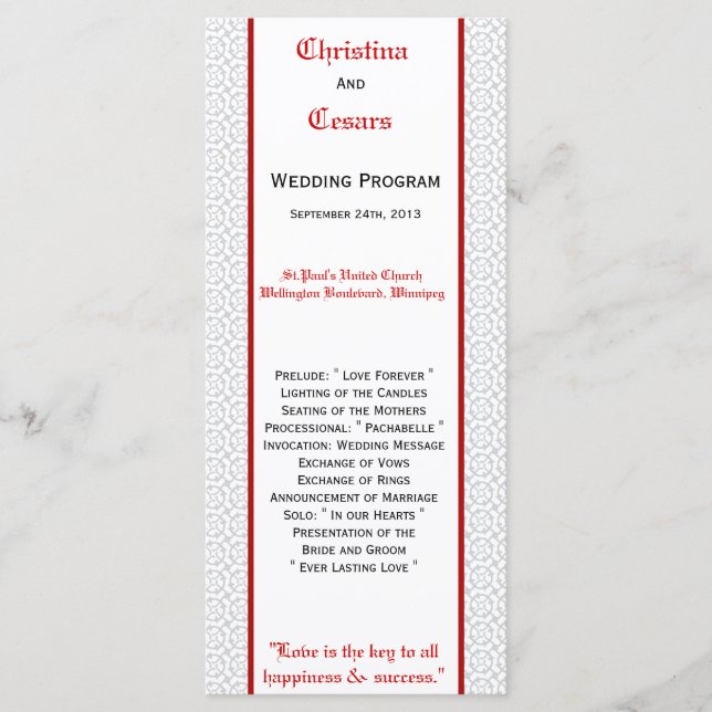 25 4x9 Hochzeitsprogramm Graue rote, formale Print Programm (Vorderseite)
