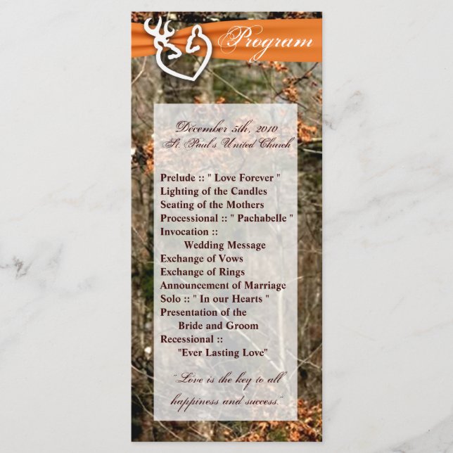 25 4x9 Hochzeitsprogramm Jagd auf Hirsch Doe Buck  Programm (Vorderseite)