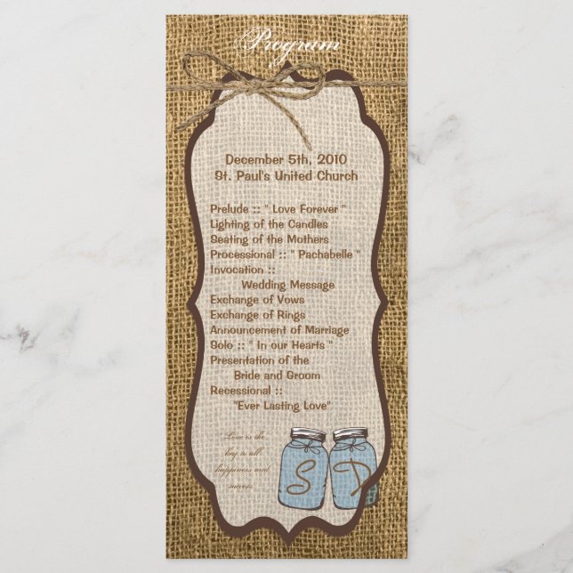 25 4x9 Hochzeitsprogramm Mason Jar Burlap Country  Programm (Vorderseite)