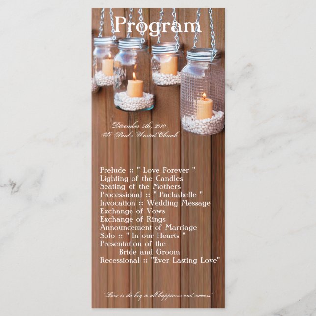 25 4x9 Hochzeitsprogramm Mason Jar Kerzenlicht Programm (Vorderseite)