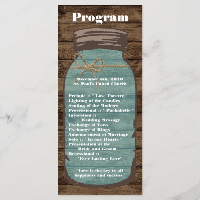 25 4x9 Hochzeitsprogramm Mason Jar Wood Country Programm (Vorderseite)