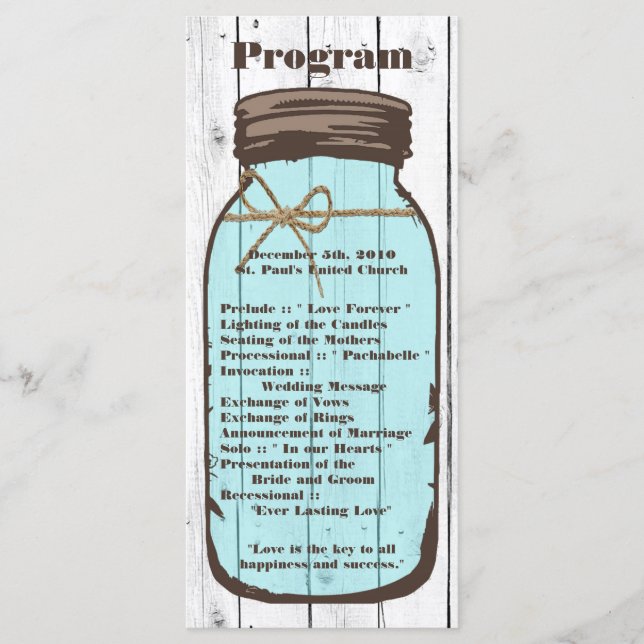 25 4x9 Hochzeitsprogramm Mason Jar Wood Country Programm (Vorderseite)