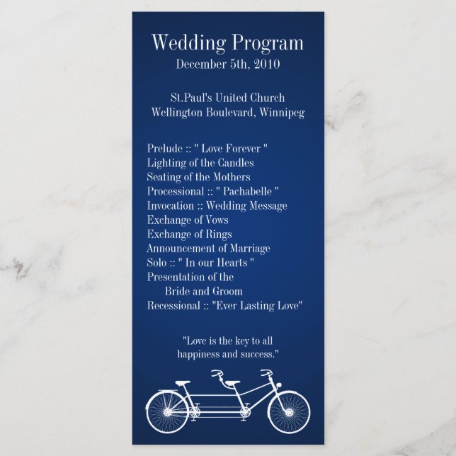 25 4x9 Hochzeitsprogramm Navy Blue Double Bike Programm (Vorderseite)