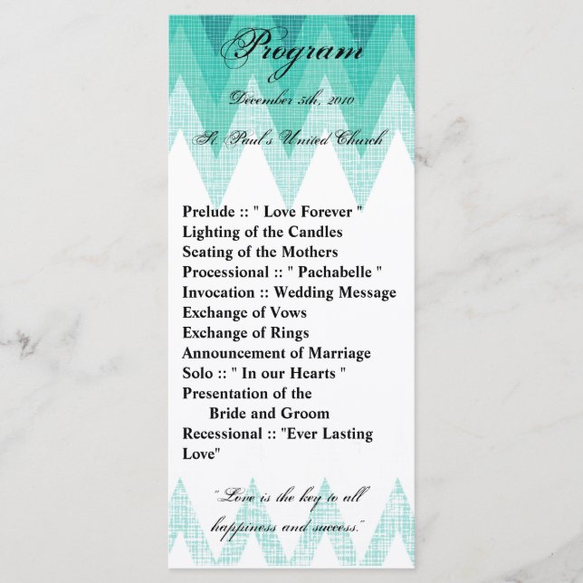 25 4x9 Hochzeitsprogramm Ombre Aquamarin Zickzack Programm (Vorderseite)