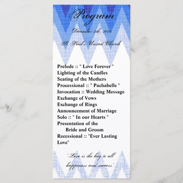 25 4x9 Hochzeitsprogramm Ombre Blue Zickzack Programm (Vorderseite)