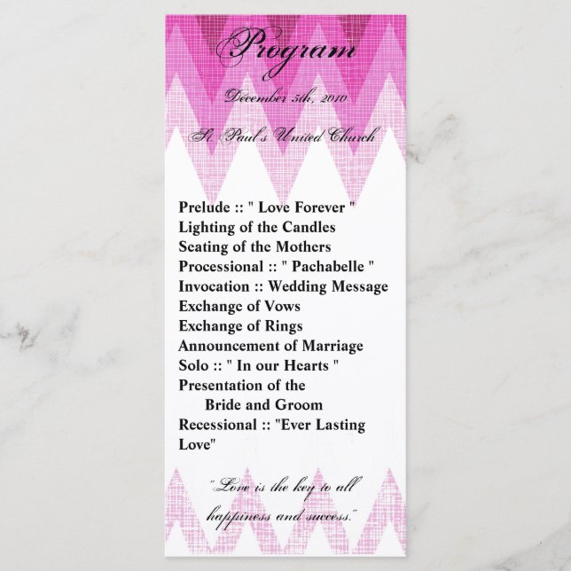 25 4x9 Hochzeitsprogramm Ombre Pink Zickzack Programm (Vorderseite)