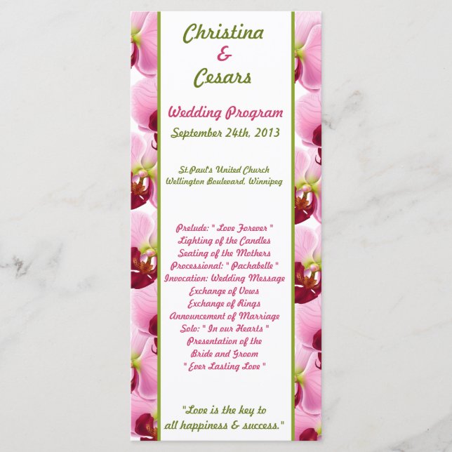 25 4x9 Hochzeitsprogramm Rosa Orchideenblume Programm (Vorderseite)